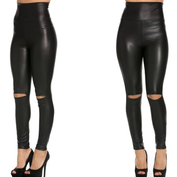 ✨JUST IN✨BLACK FAUX LEATHER KNEE CUT OUT SLICK LEGGINGS - Picture 14 of 15